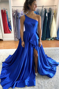 One Shoulder Blue Satin Long Prom ...